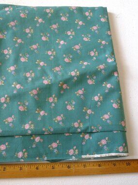 Vintage green cotton calico fabric pink rose floral Peter pan 2 yds